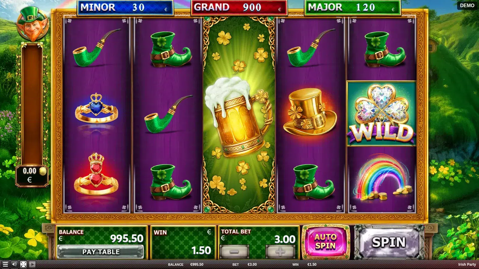 Irish Party Gold Jar Wild Respin with the tankard Wild covering reel 3 and the three jackpot meters above