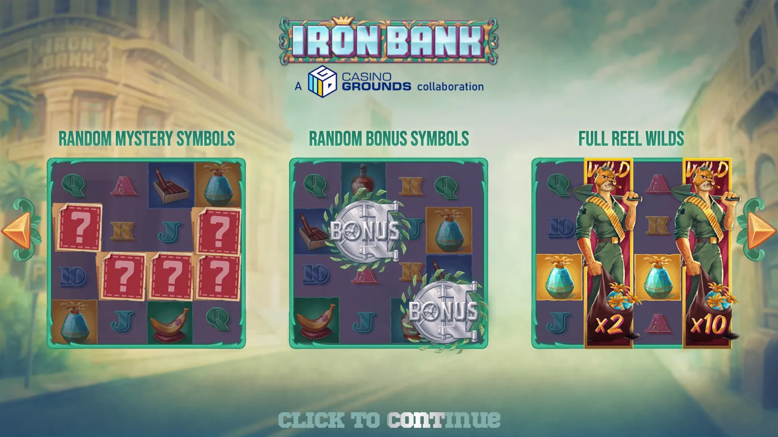 Iron Bank intro screen with three feature panels and Full Reel Wilds marked x2 and x10