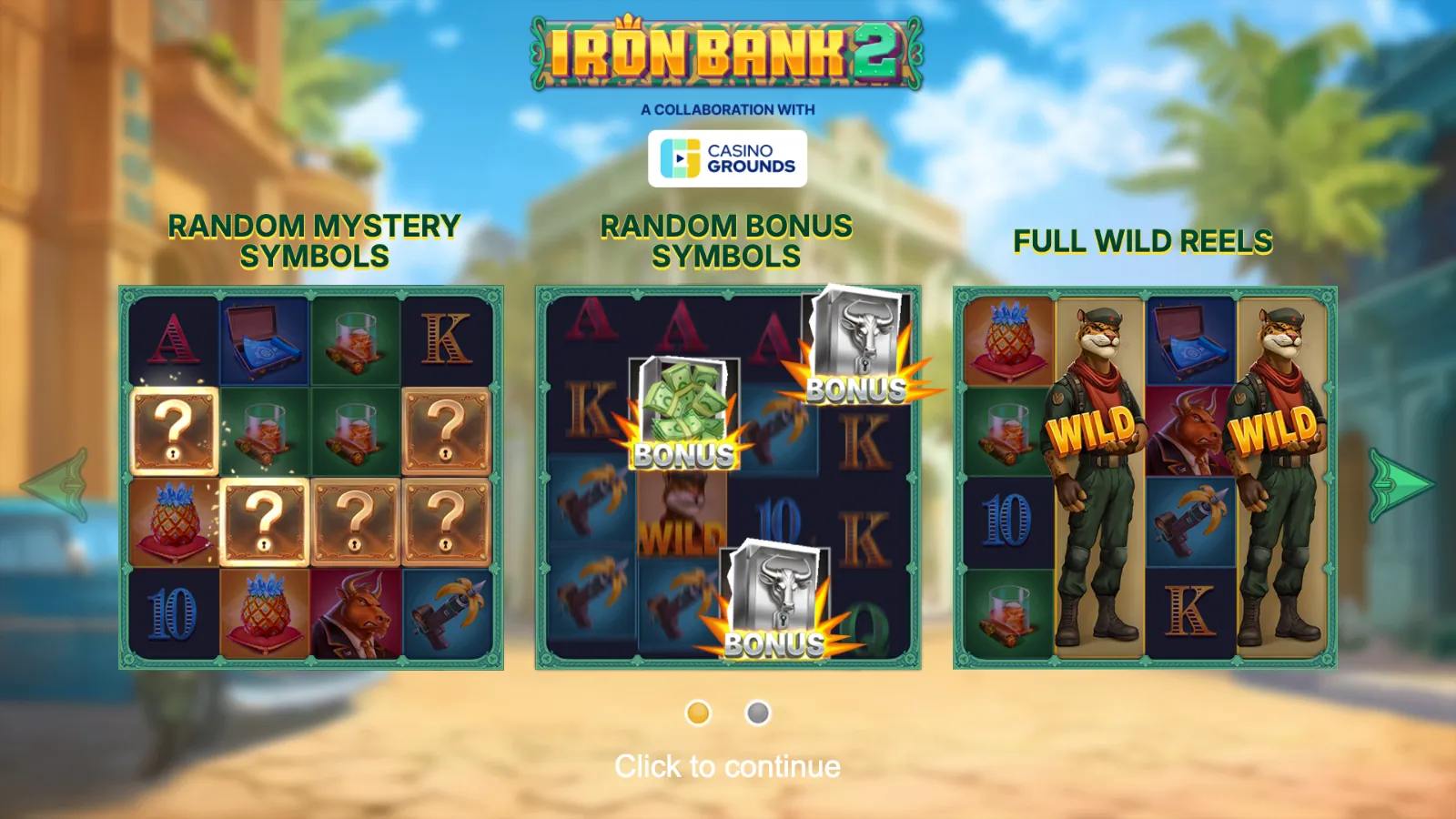 Iron Bank 2 intro screen with the gold logo and three feature panels
