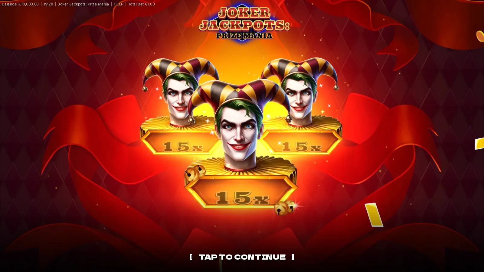 Joker Jackpots: Prize Mania intro screen with three Joker busts on 15x plaques