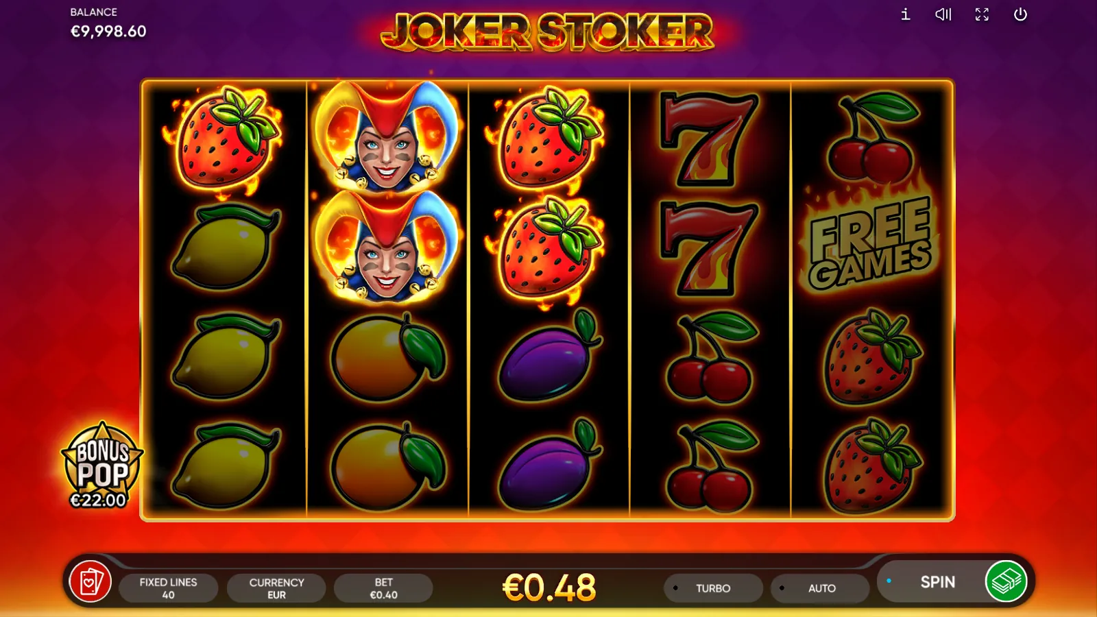 Joker Stoker reels with a FREE GAMES scatter on reel 5 and flaming strawberries in a 1.2x line win