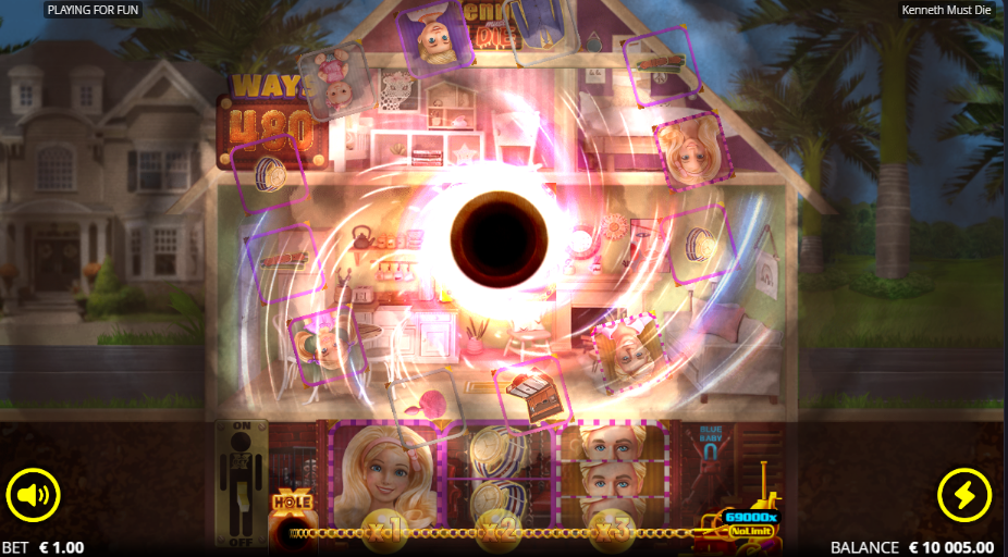 Kenneth Must Die xHole firing mid-pull, symbols sucked into a black hole at the centre of the dollhouse reels and flung out in purple split frames, ways at 480 on a 1.00 bet
