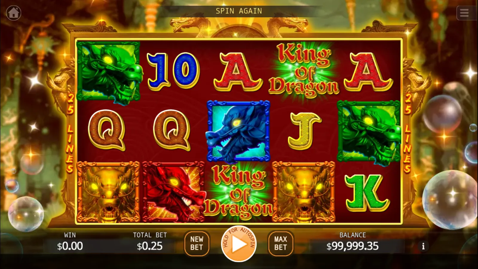 King of Dragon reels with two King Of Dragon scatters on reels 3 and 4 and gold dragons on reels 1 and 4