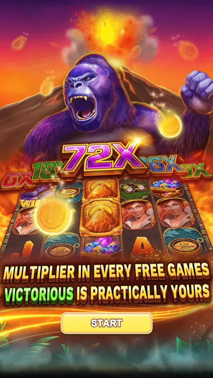 Kong opening screen with a roaring purple gorilla, an erupting volcano and a 72X multiplier label
