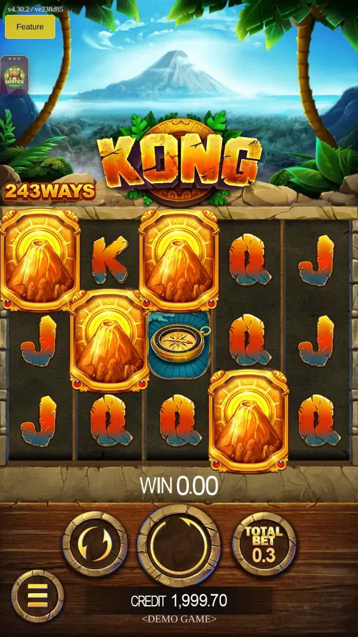 Kong reels with gold-framed volcano scatters on reels 1 to 4 and letters on reel 5