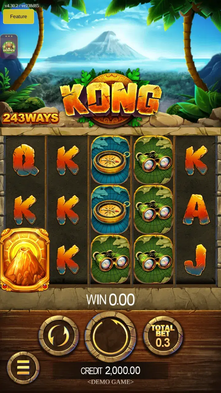 Kong slot reels by JDB Gaming: 5x3 stone grid with a volcano scatter on reel 1 and compass and binocular stacks on reels 3 and 4
