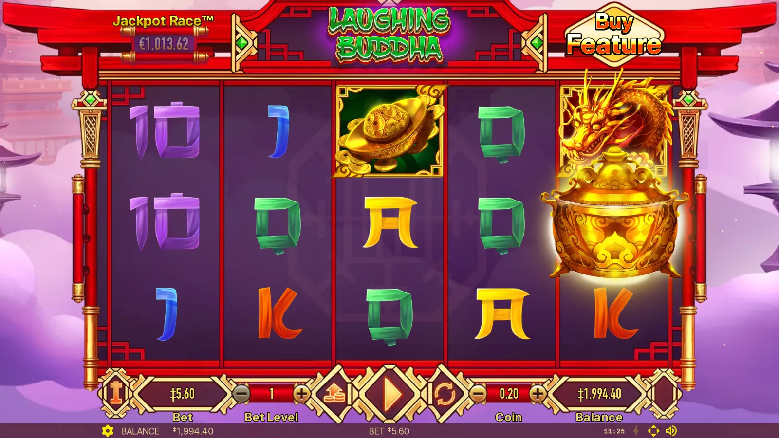 Laughing Buddha reels with a gold ingot on reel 3 and a gold-pot Scatter over the dragon on reel 5
