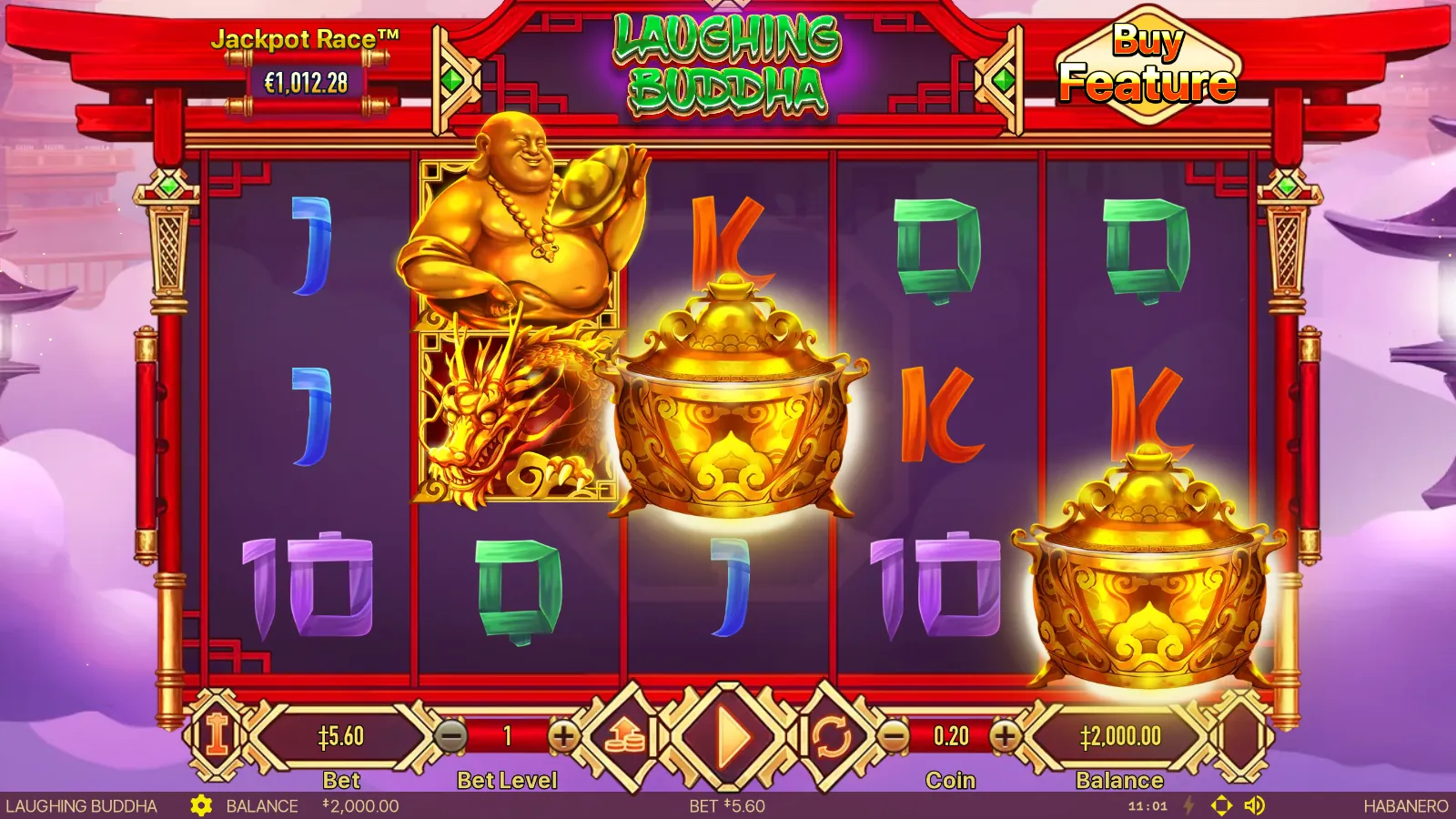 Laughing Buddha slot by Habanero: 5x3 reels with the gold Buddha, a dragon and two gold-pot Scatters under a red gate