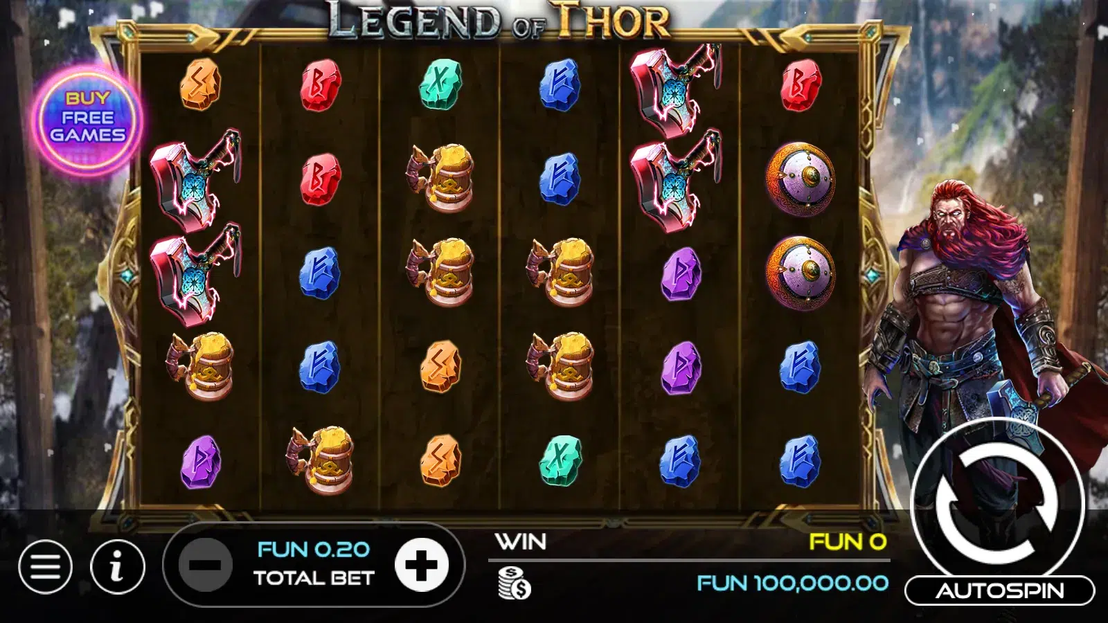 Legend of Thor 6x5 grid of rune stones, hammers, shields and tankards with Thor standing beside the reels