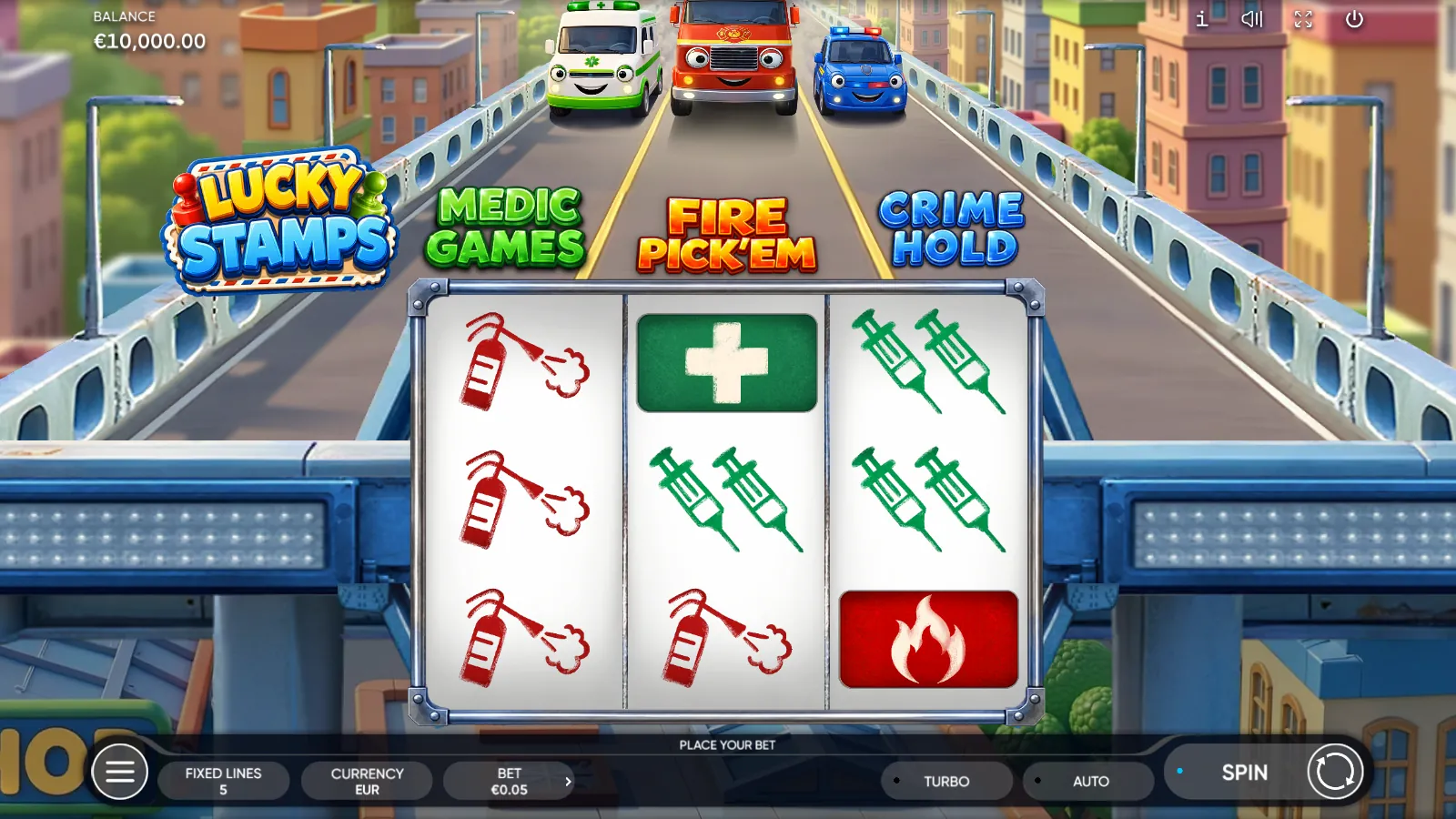 Lucky Stamps reels below three toy emergency cars