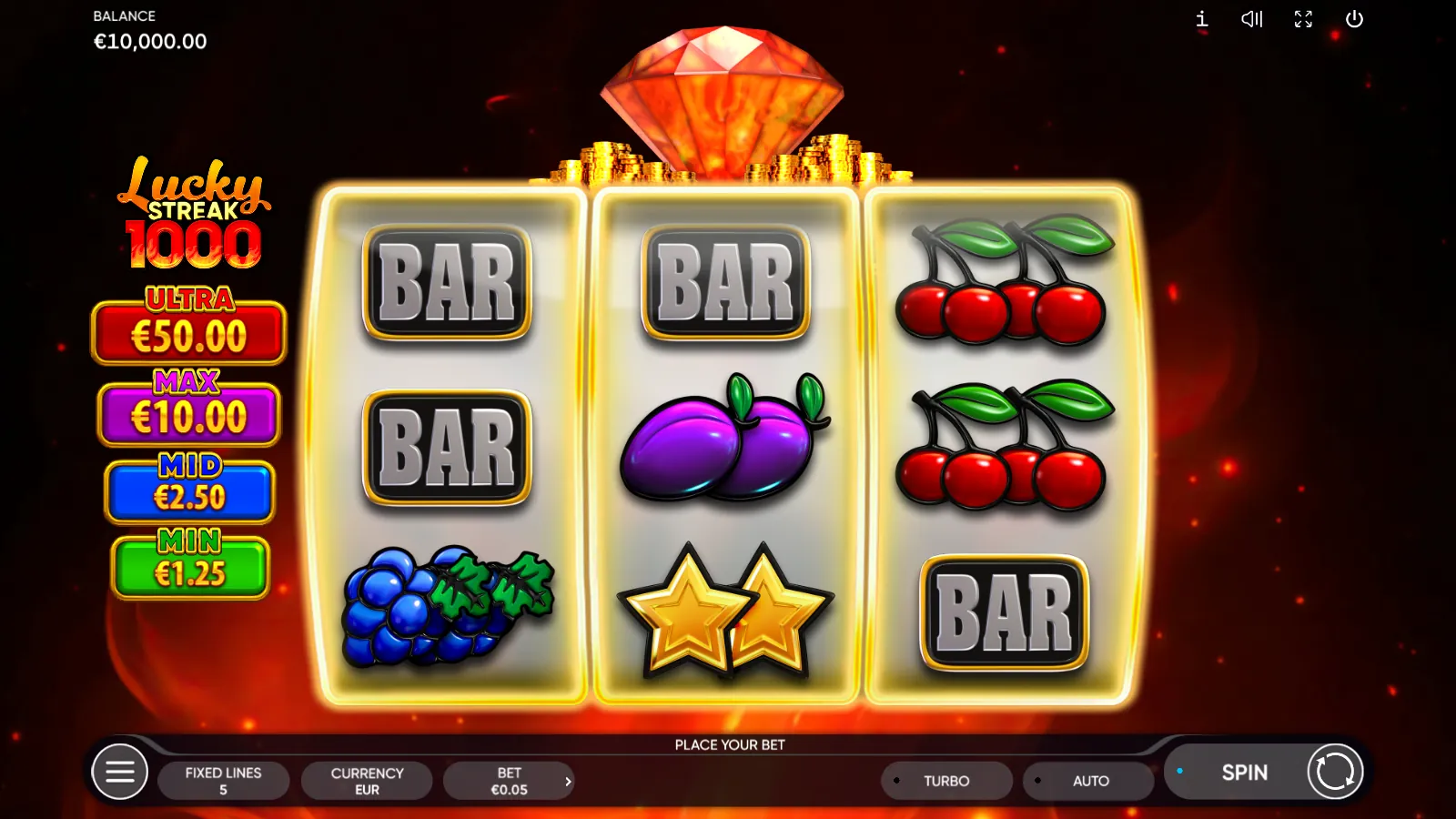 Lucky Streak 1000 3x3 reels showing BAR symbols, plums, stars and cherries beside the jackpot plaques