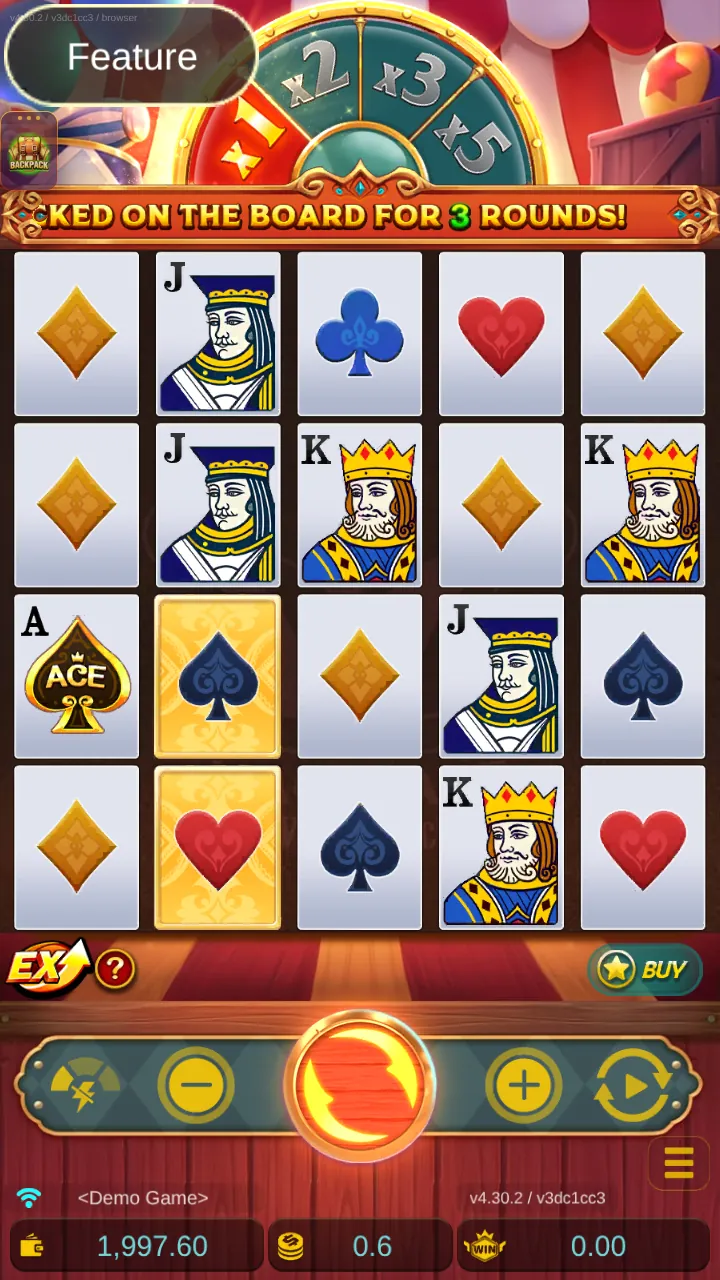 Magic Ace Wild Lock reels showing a 5x4 card grid with a golden spade and golden heart on reel 2 below the x1 to x5 wheel