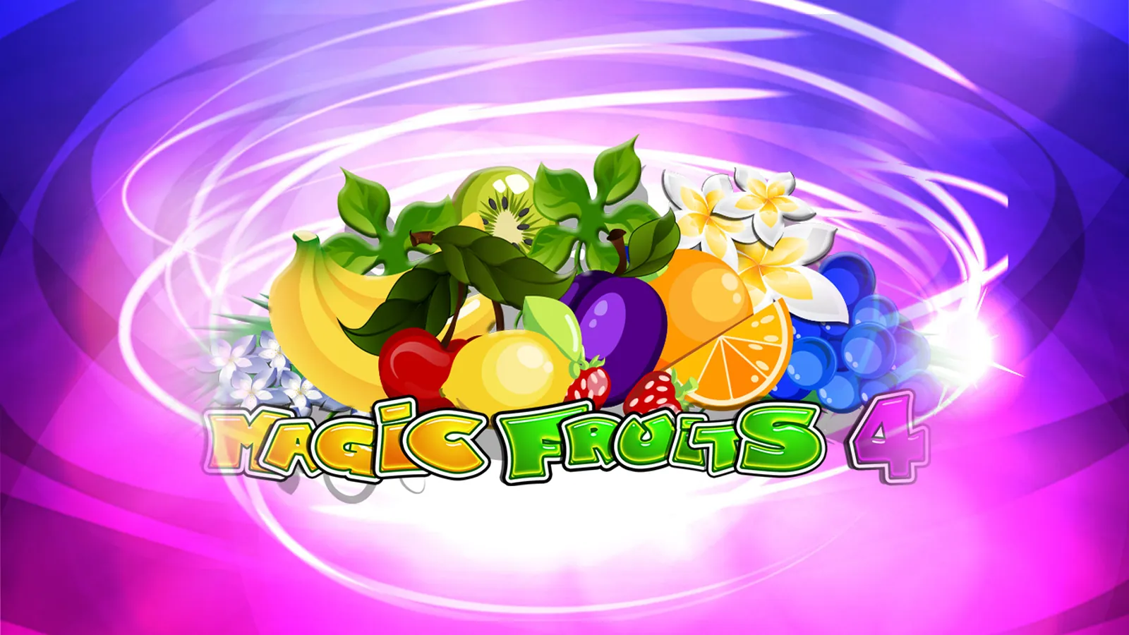 A pile of fruit and flowers on purple under the Magic Fruits 4 logo