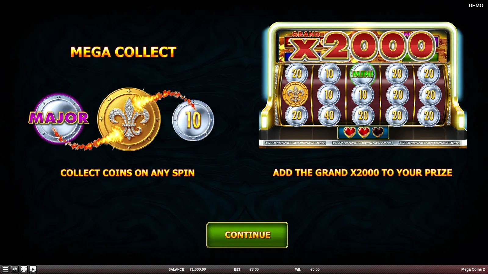 Mega Coins 2 intro card with the Mega Collect coin and the GRAND X2000 machine