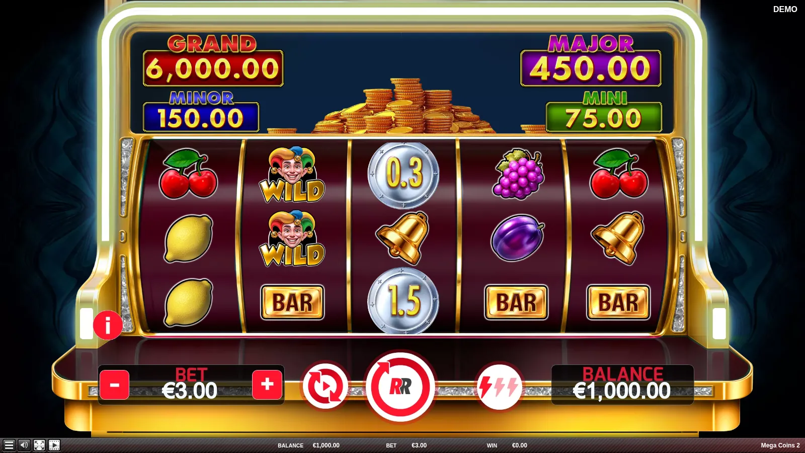 Mega Coins 2 reels with two jester Wilds on reel 2 and two silver coins on reel 3