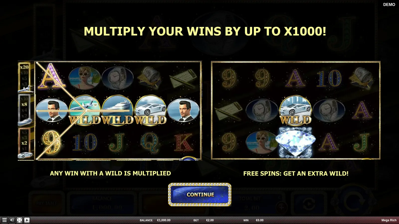 Mega Rich intro card with plane, boat and car Wilds on an example grid and three multiplier panels