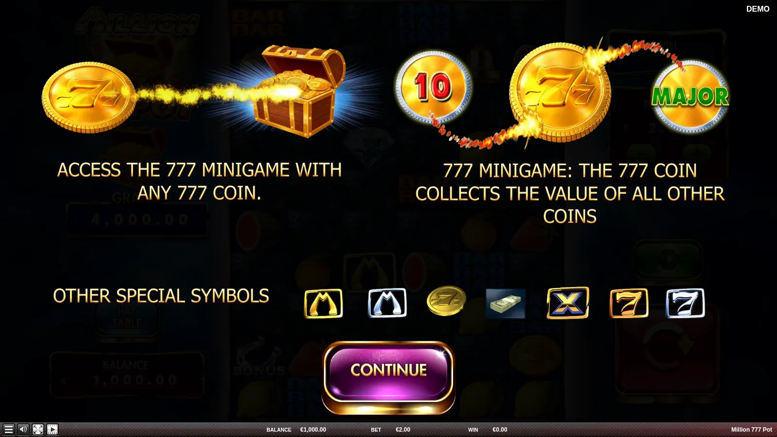 Million 777 Pot intro screen with a 777 coin flying into a treasure chest and a 777 coin linked to a MAJOR coin