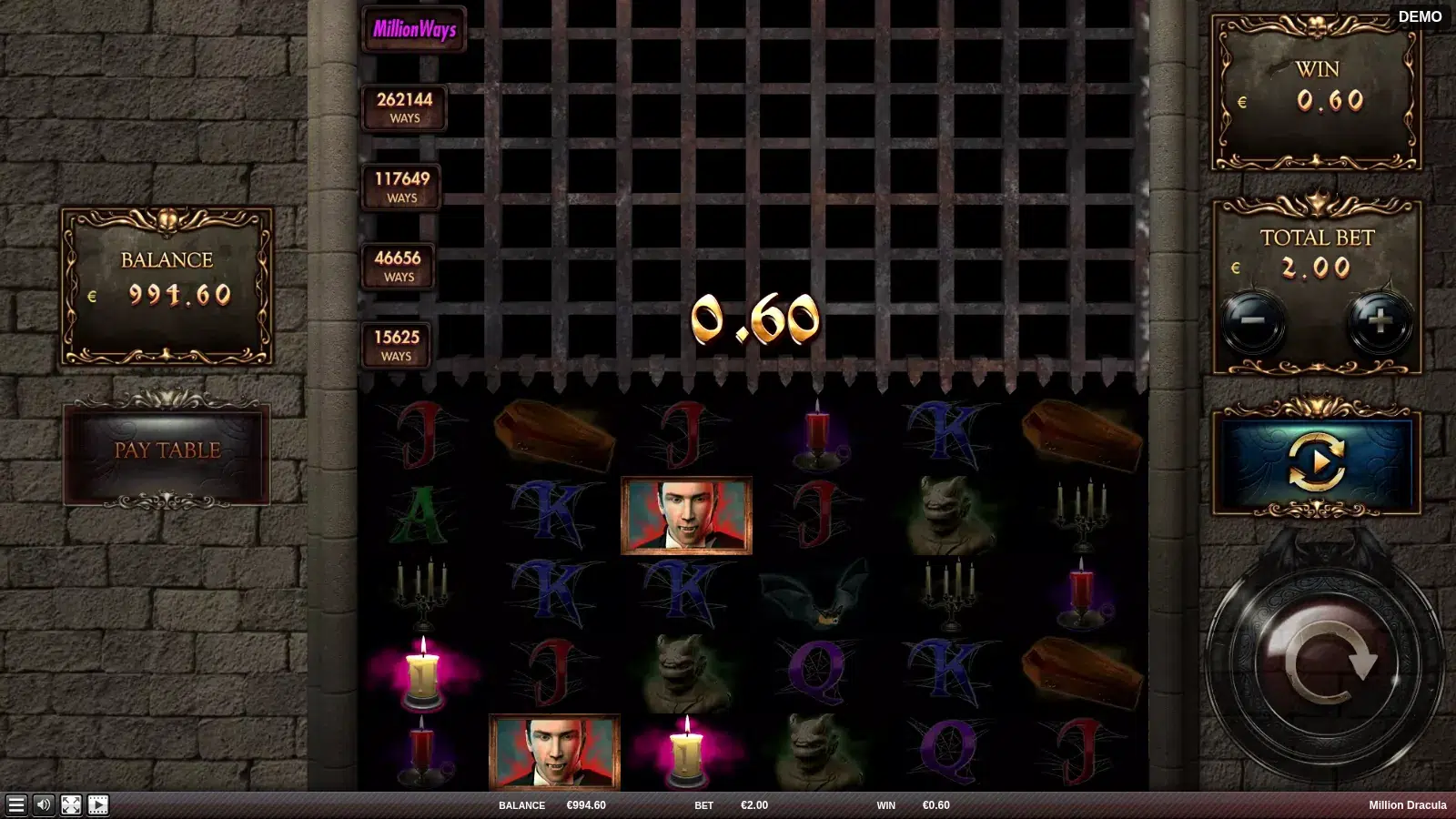 Million Dracula reels with the portcullis lifted to five rows and two Dracula Wilds