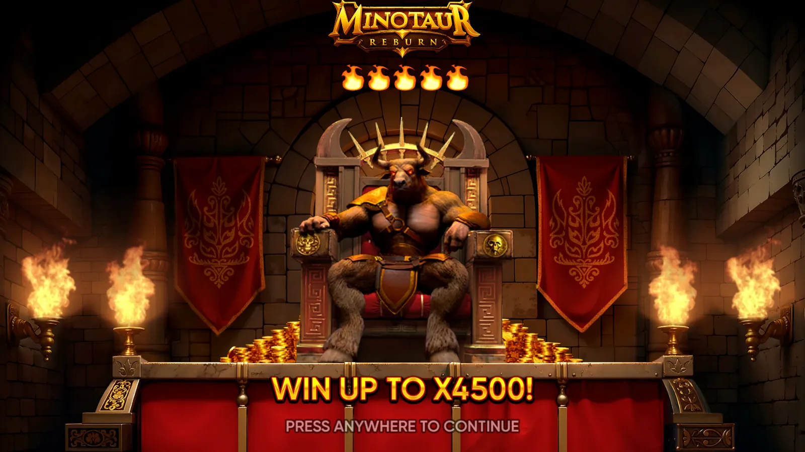 Minotaur ReBurn intro screen with the crowned Minotaur on a stone throne between red banners and wall torches