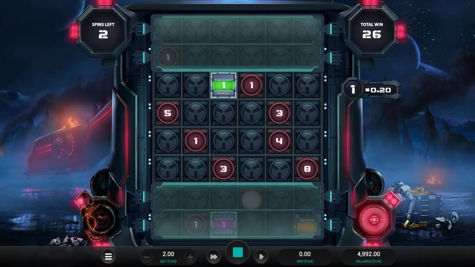 Money Cart 4 re-spin board with a Sniper tile, coin values and locked rows above and below