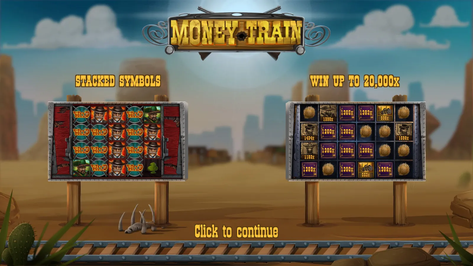 Money Train splash screen with STACKED SYMBOLS and WIN UP TO 20,000x signboards on wooden posts in the desert
