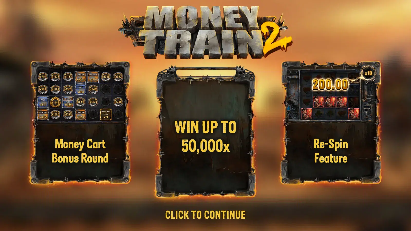 Money Train 2 intro screen with Money Cart Bonus Round, 50,000x and Re-Spin Feature cards