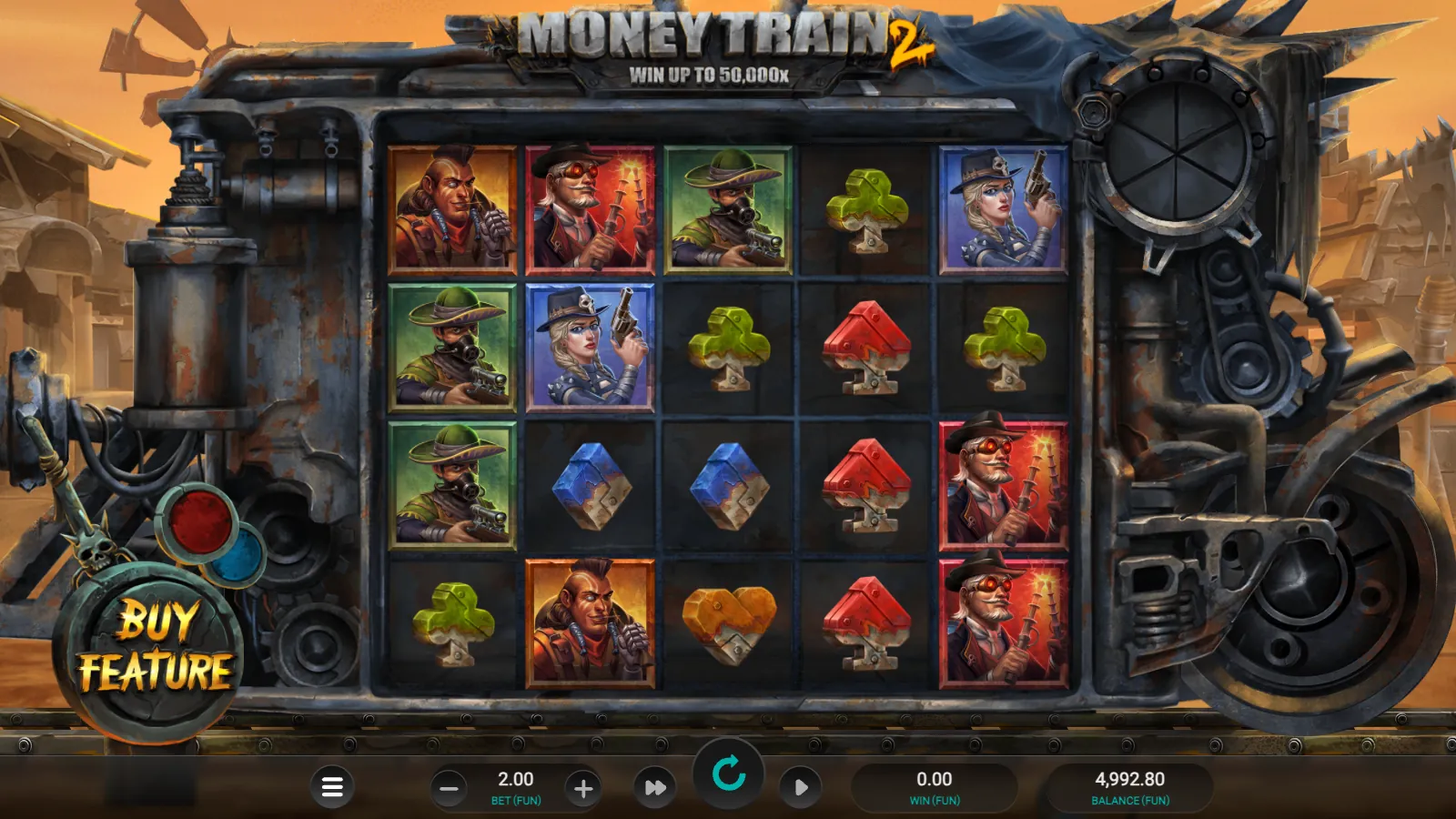 Money Train 2 5x4 reels with the red-coated old man on reels 2 and 5 and the Buy Feature button on the left