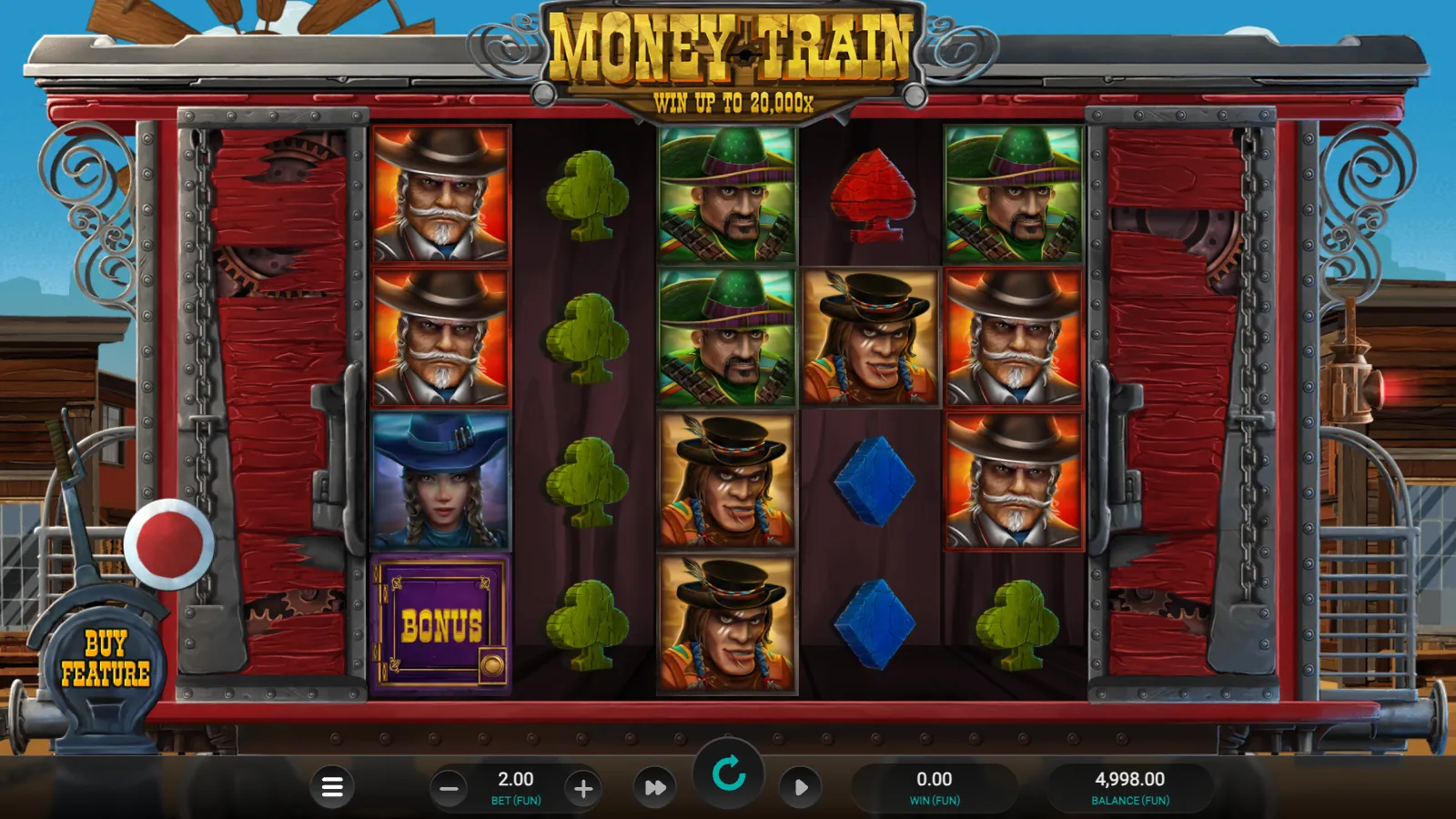 Money Train 5x4 reels with a BONUS safe on reel 1 and stacked white-moustached characters