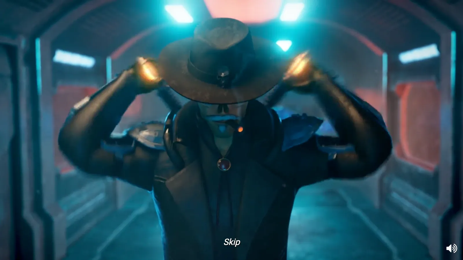 Money Train 5 intro with a gunslinger adjusting his skull-badge hat in a blue-lit corridor