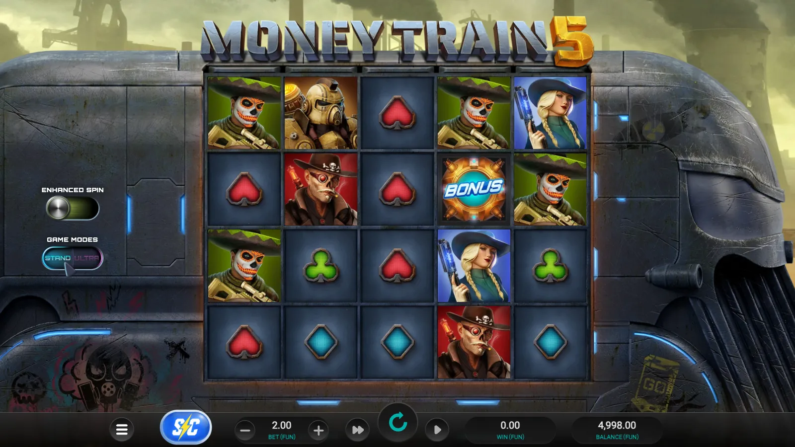Money Train 5 reels with the STAND / ULTRA switch on STAND and a BONUS sphere on reel 4