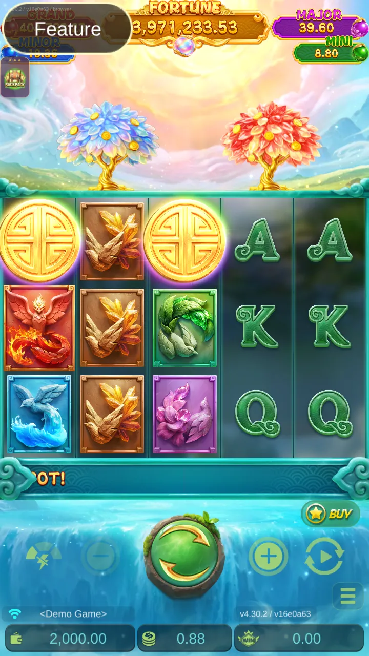 Money Tree Hyper Wild reels by JDB Gaming: 5x3 grid with two gold coin scatters on the top row under the blue and red trees