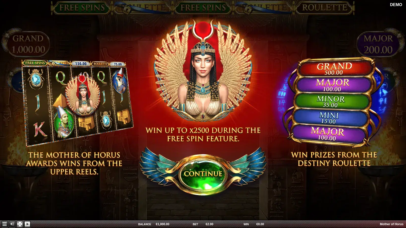 Mother of Horus splash screen with Isis above the line about winning up to x2500 during the free spin feature