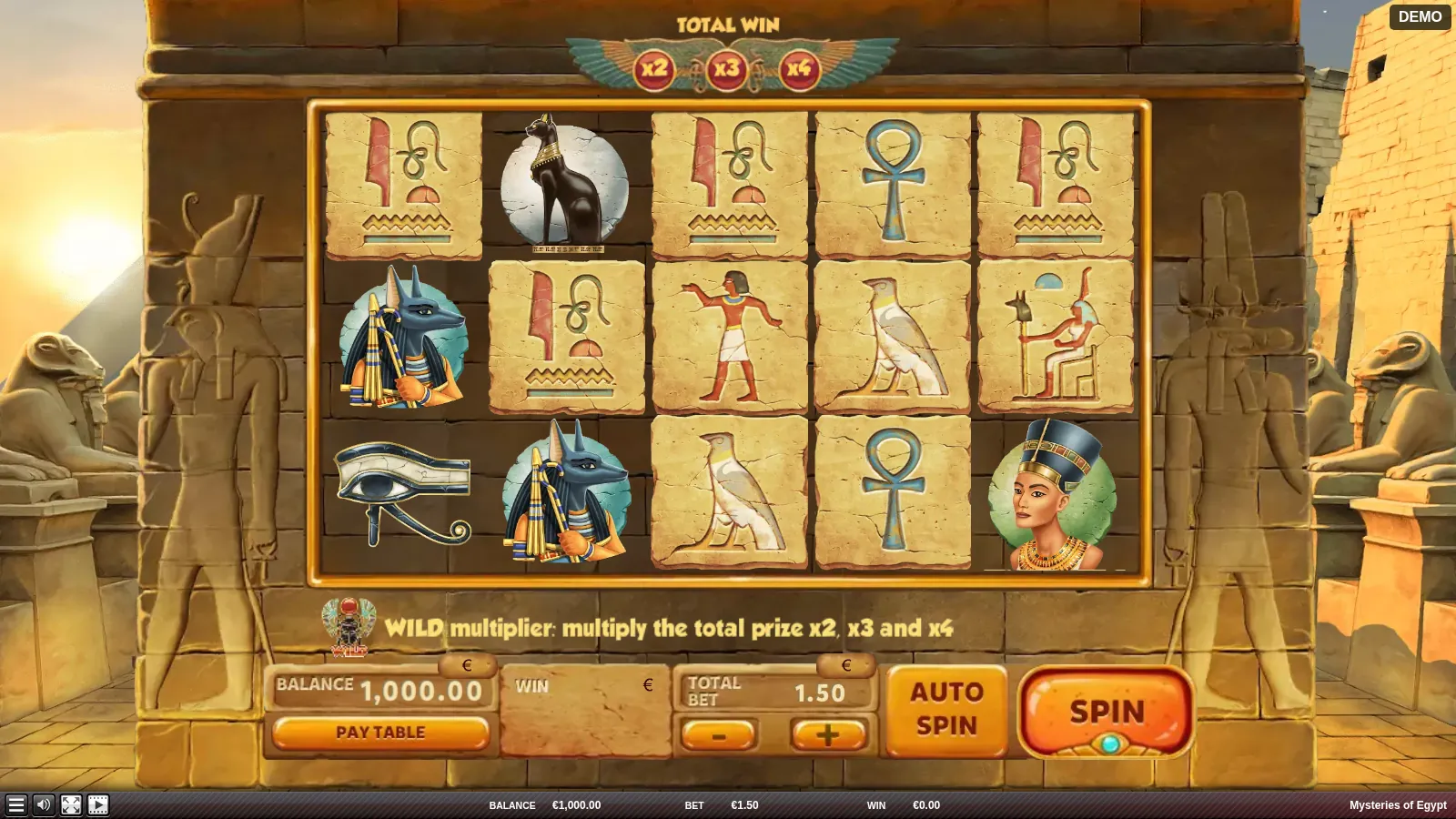 Mysteries of Egypt reels with Anubis, the Cat, the Eye of Ra and Nefertiti below the x2 x3 x4 lamps