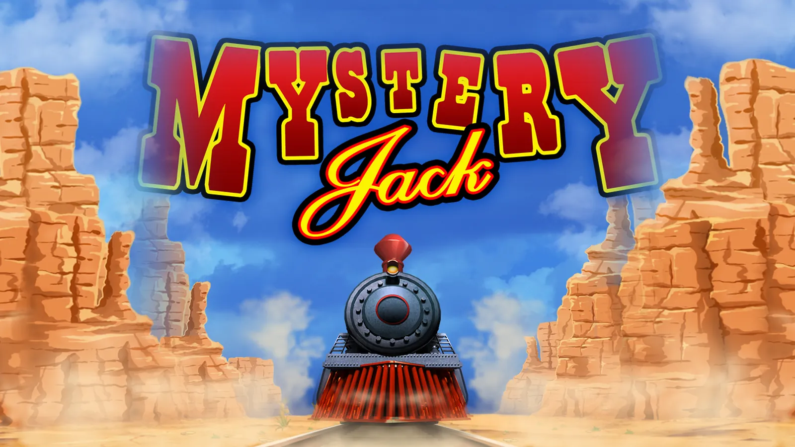 Steam train between desert rock towers below the red Mystery Jack logo