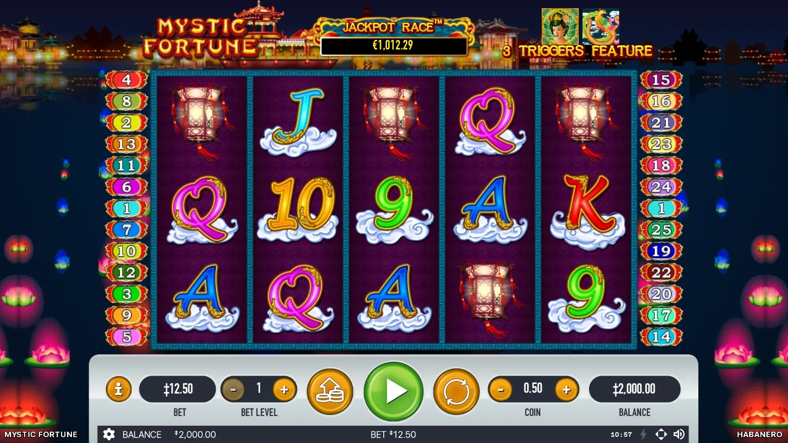 Mystic Fortune reels with lanterns at the top of reels 1, 3, and 5 and the woman and phoenix trigger plaque above