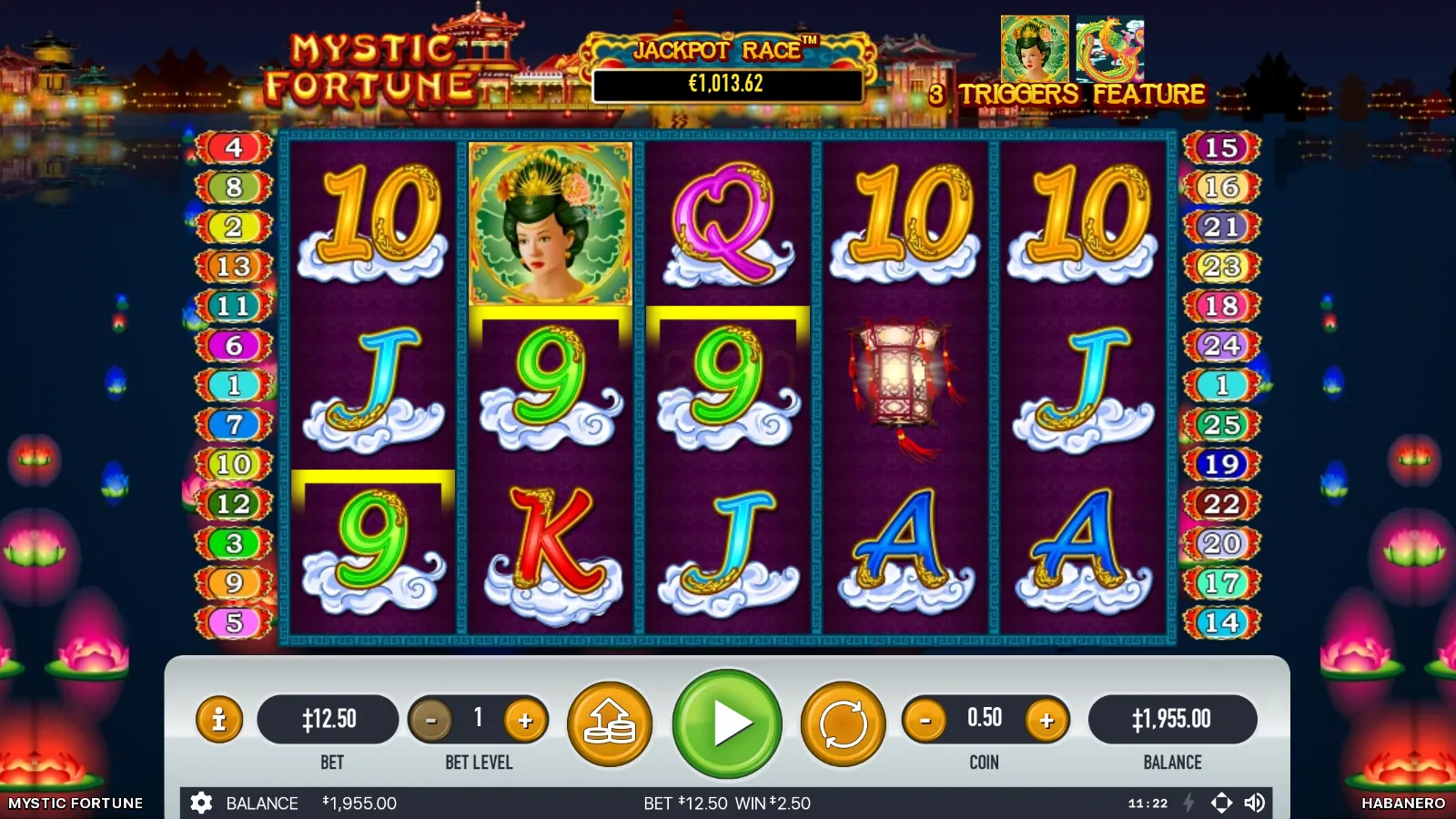 Mystic Fortune scatter woman in a flowered gold headdress at the top of reel 2