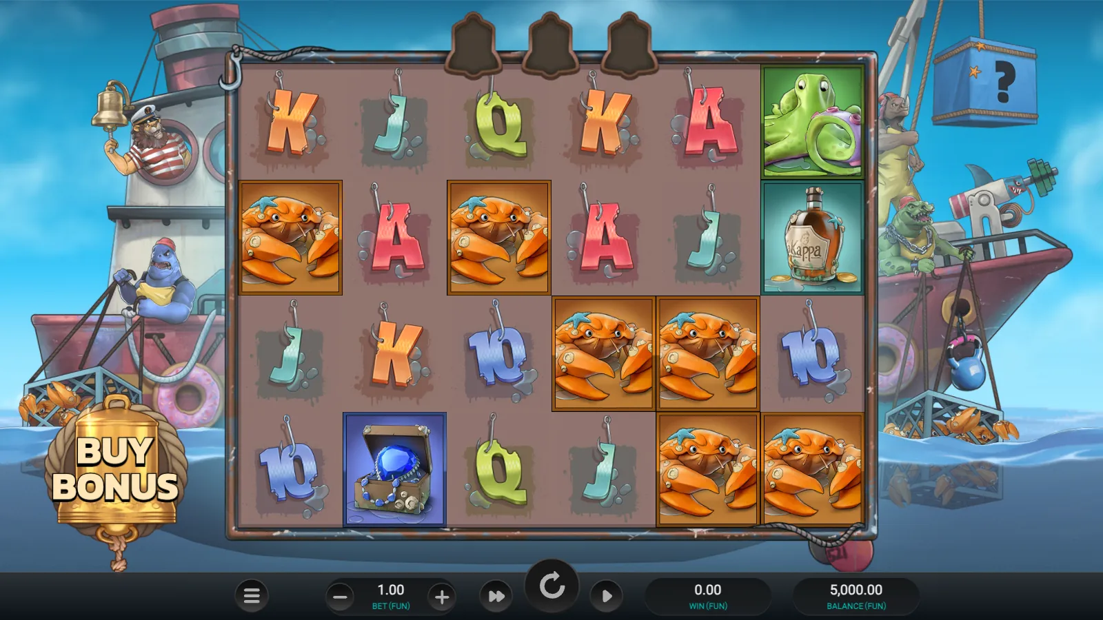 Net Gains reels with three empty bell slots above and six crabs