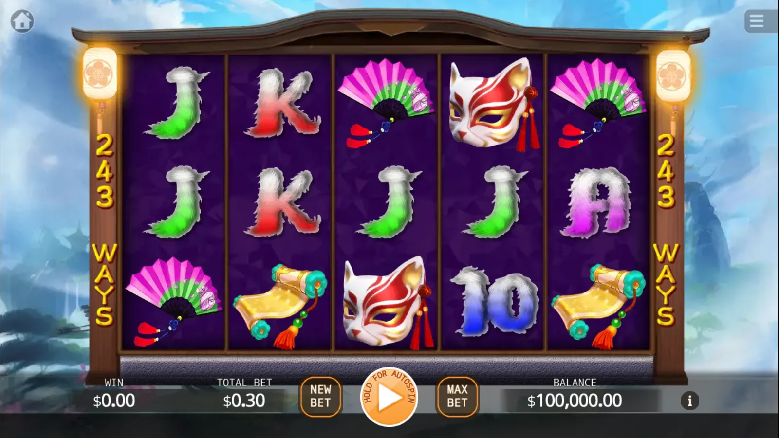 Nine Tailed Fox 5x3 reels with pink fans, white kitsune masks, golden scrolls and furry J, K, A and 10 letters