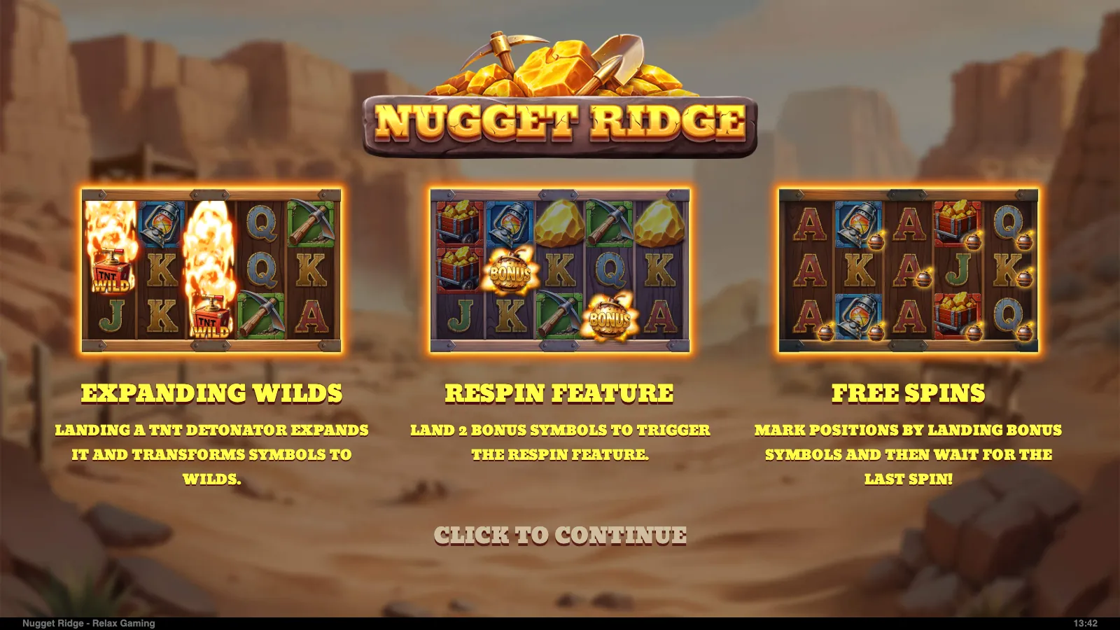 Nugget Ridge splash screen with the gold logo, a canyon backdrop and three feature panels