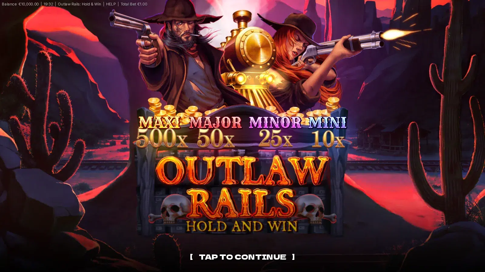 Outlaw Rails: Hold & Win title screen with two armed outlaws, a gold locomotive and the four jackpot values