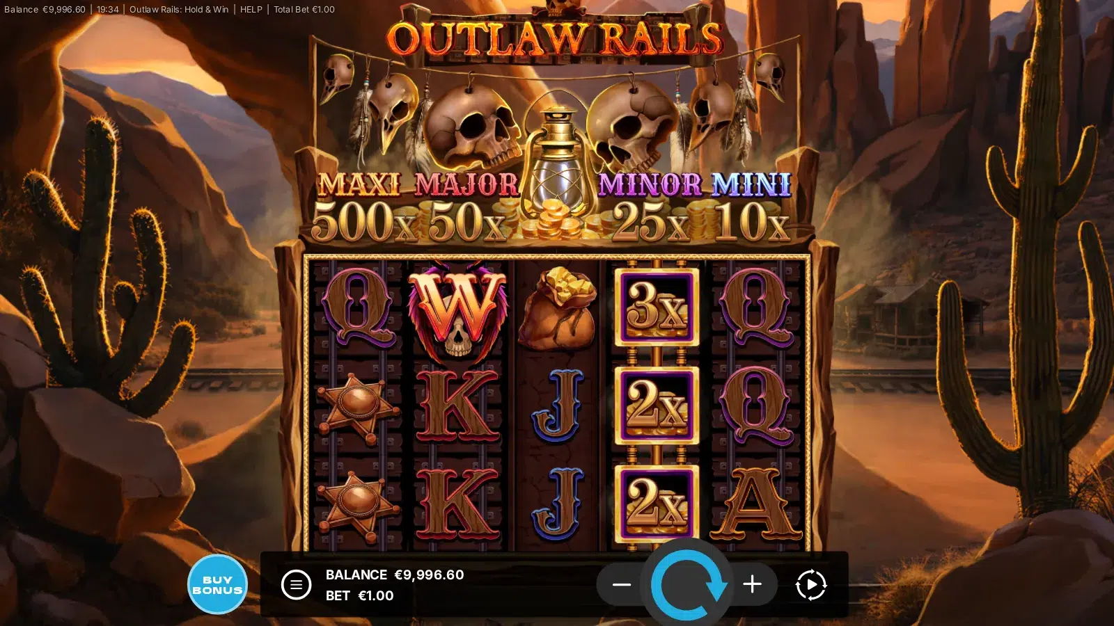 Outlaw Rails: Hold & Win reels with three Purple Train wagons on reel 4
