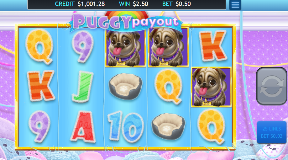 Puggy Payout with three pug scatters triggering the free games, felt letters and a dog bed around them, a 2.50 win at a 0.50 bet.