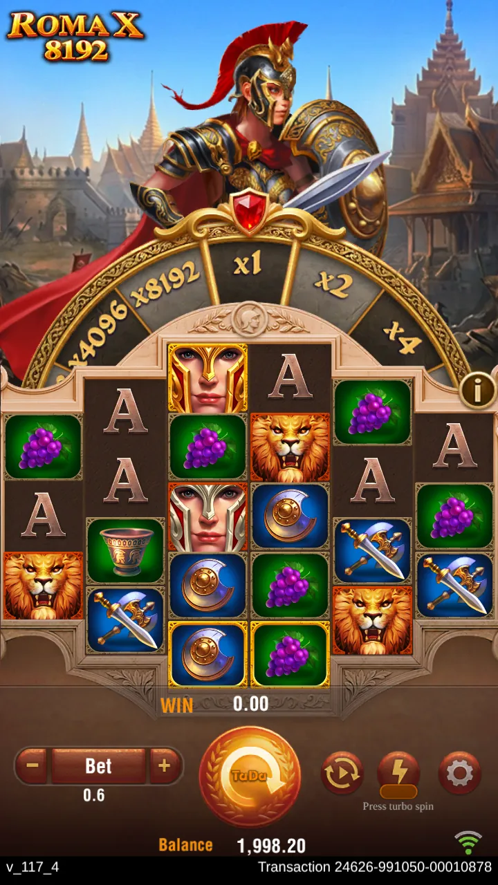 Roma X 8192 board of six reels with 3 to 5 rows, and gold-framed warrior, shield and grapes tiles on reels 3 and 4