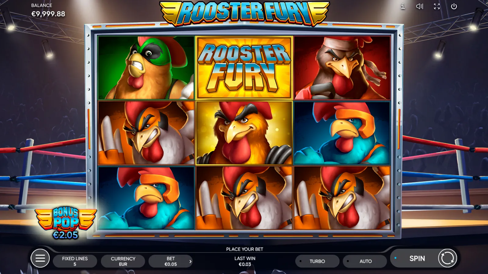 Rooster Fury reels with a scatter above the golden rooster in a wrestling ring