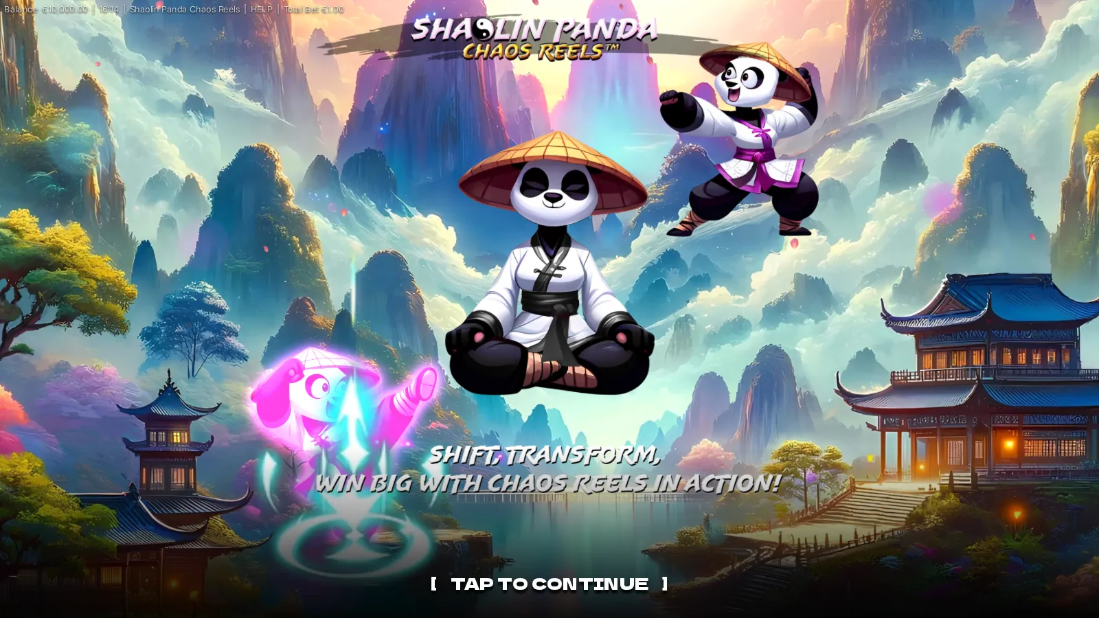 Shaolin Panda Chaos Reels splash screen with three pandas over a mountain valley