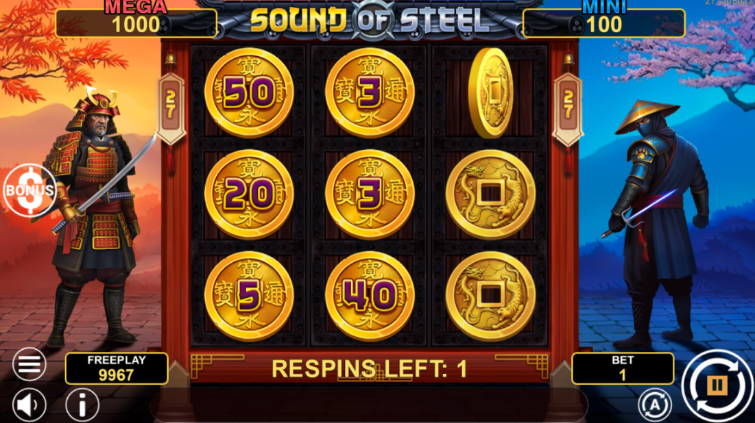 Sound of Steel Hold and Win round with six Coins locked on reels 1 and 2, one respin left, and the shogun and ninja on either side of the reels