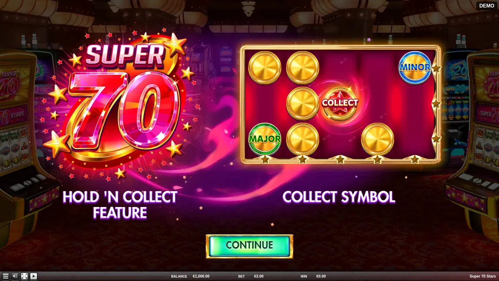 Super 70 Stars splash screen with the SUPER 70 logo and MINOR, MAJOR and COLLECT coins