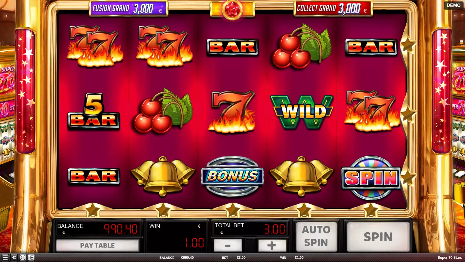 Super 70 Stars reels showing a BONUS symbol, a Wild and a SPIN symbol below the two 1000x Grand plaques