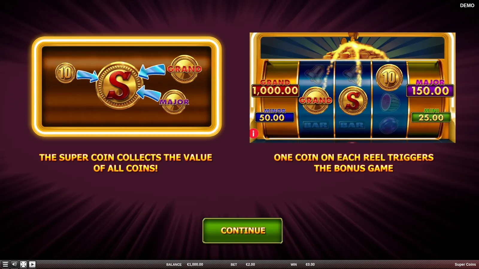 Super Coins intro card with three coins arrowing into the red S Super Coin