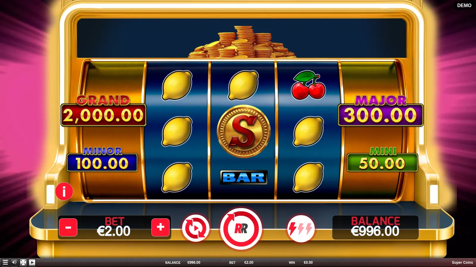 Super Coins reels with a red S Super Coin on reel 2 among lemons, cherries and a BAR